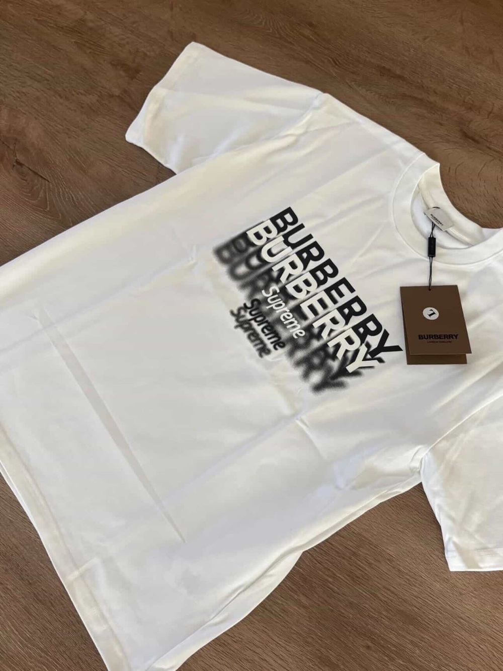 Burberry X supreme colab White Short Sleeve Tee with Black Stacked Logo